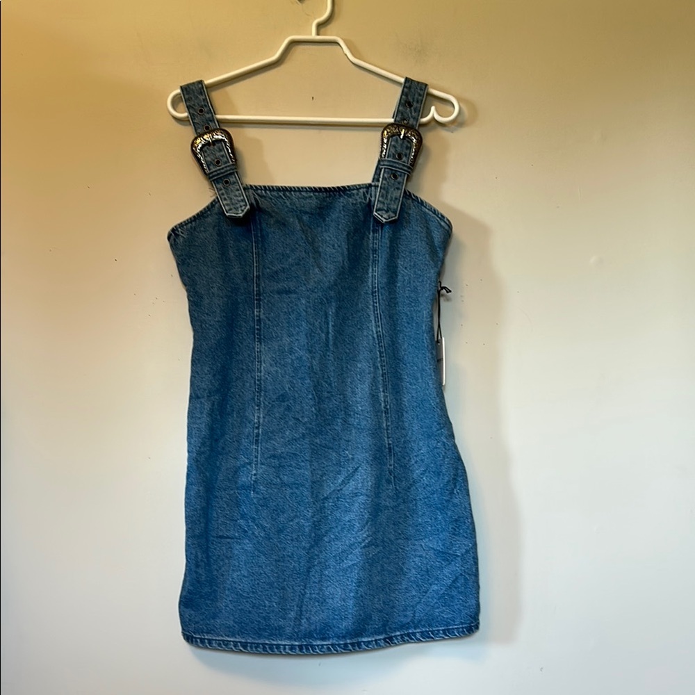 Forever 21 Blue Denim Jumper silver tone buckle zip back size M style tag on
